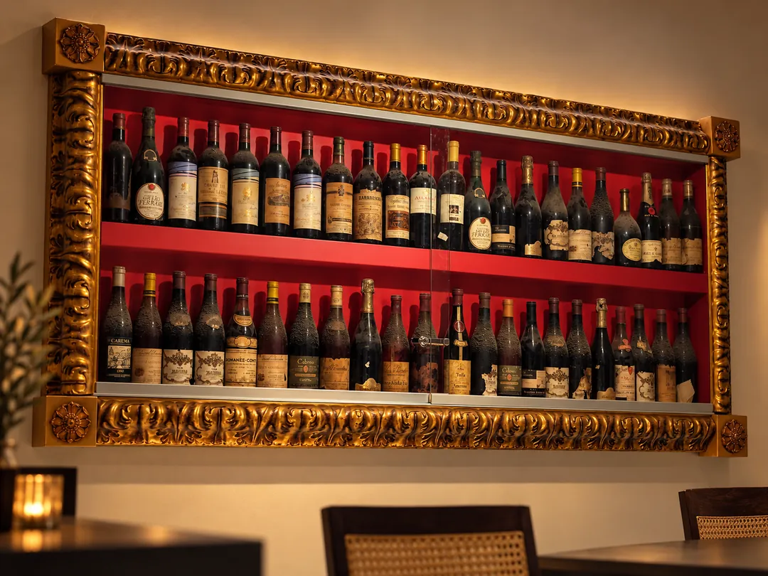 La parete dei vini nella cornice dorata, sopra un tavolo