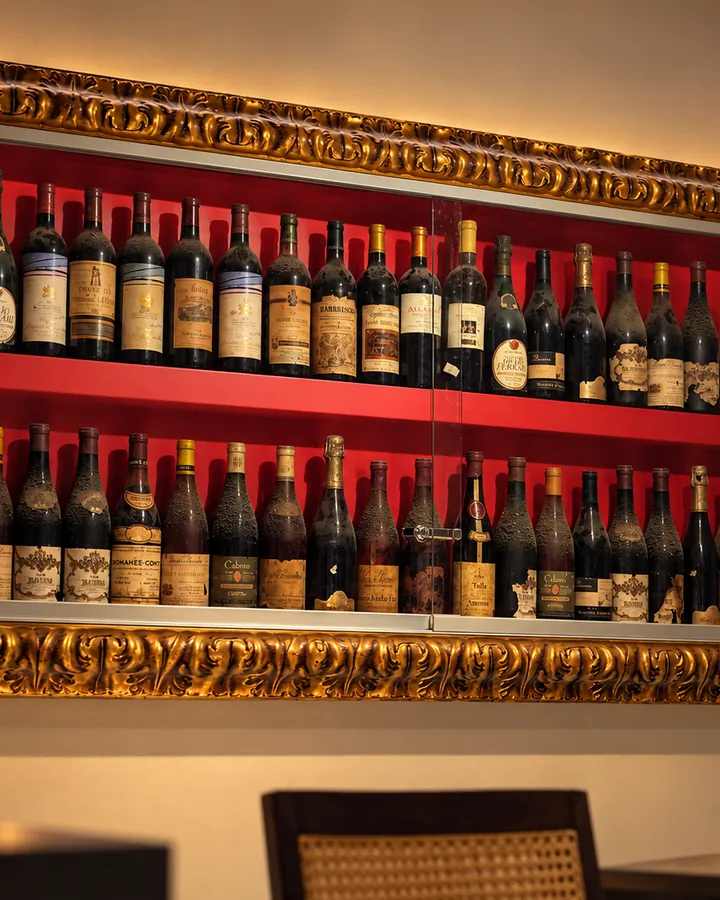 La parete dei vini nella cornice dorata